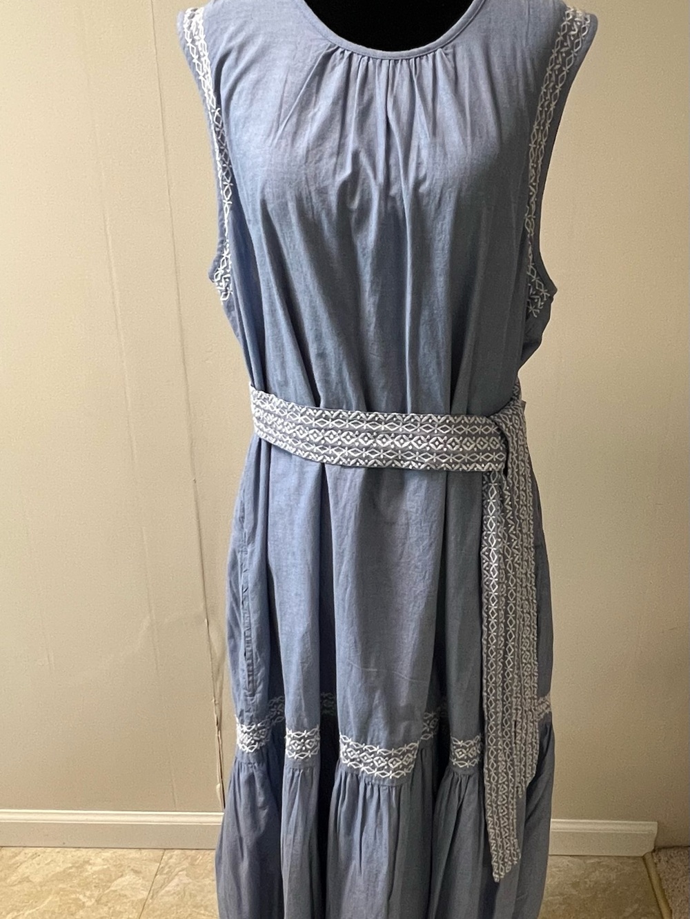 St. John's Bay Light Blue Sleeveless Embroidered Belted Maxi Dress has pockets